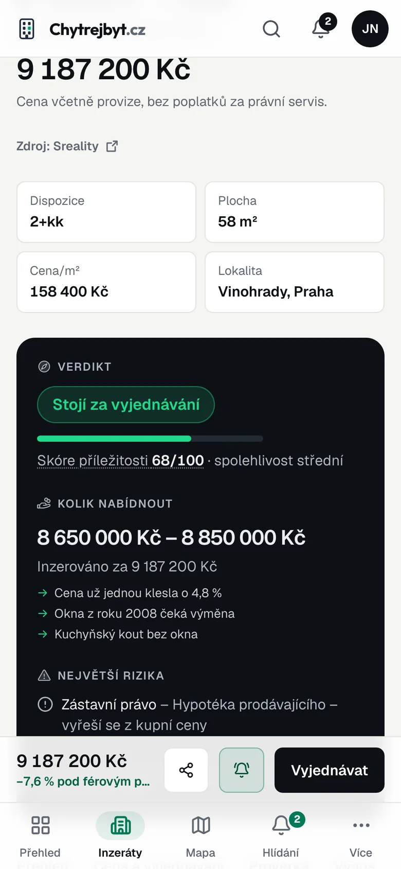 Detail inzerátu s verdiktem férové ceny a doporučenou nabídkou