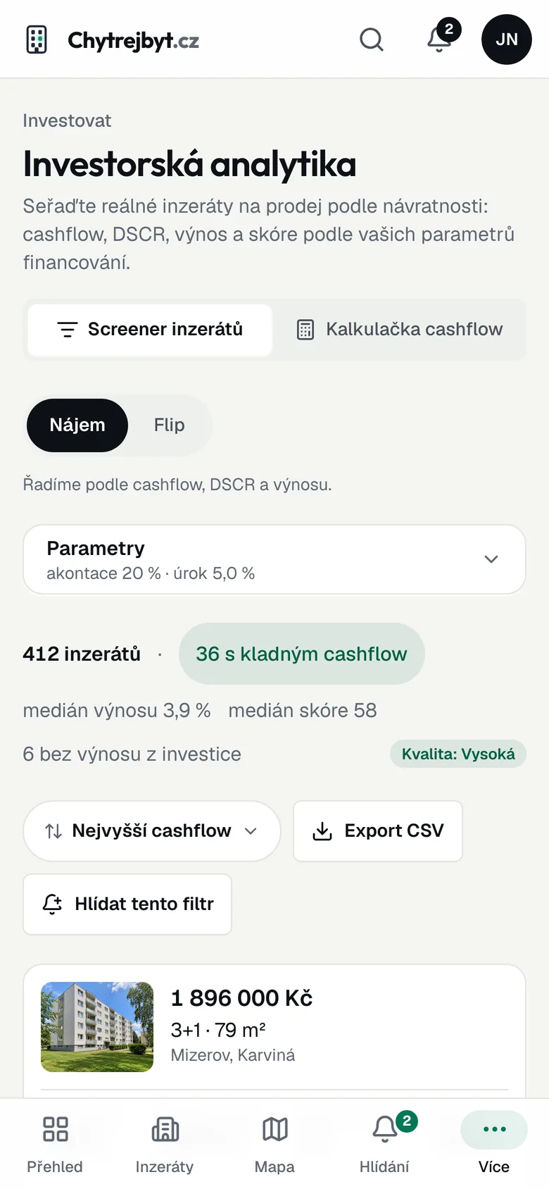 Investiční screener s výnosem a cashflow nabídek