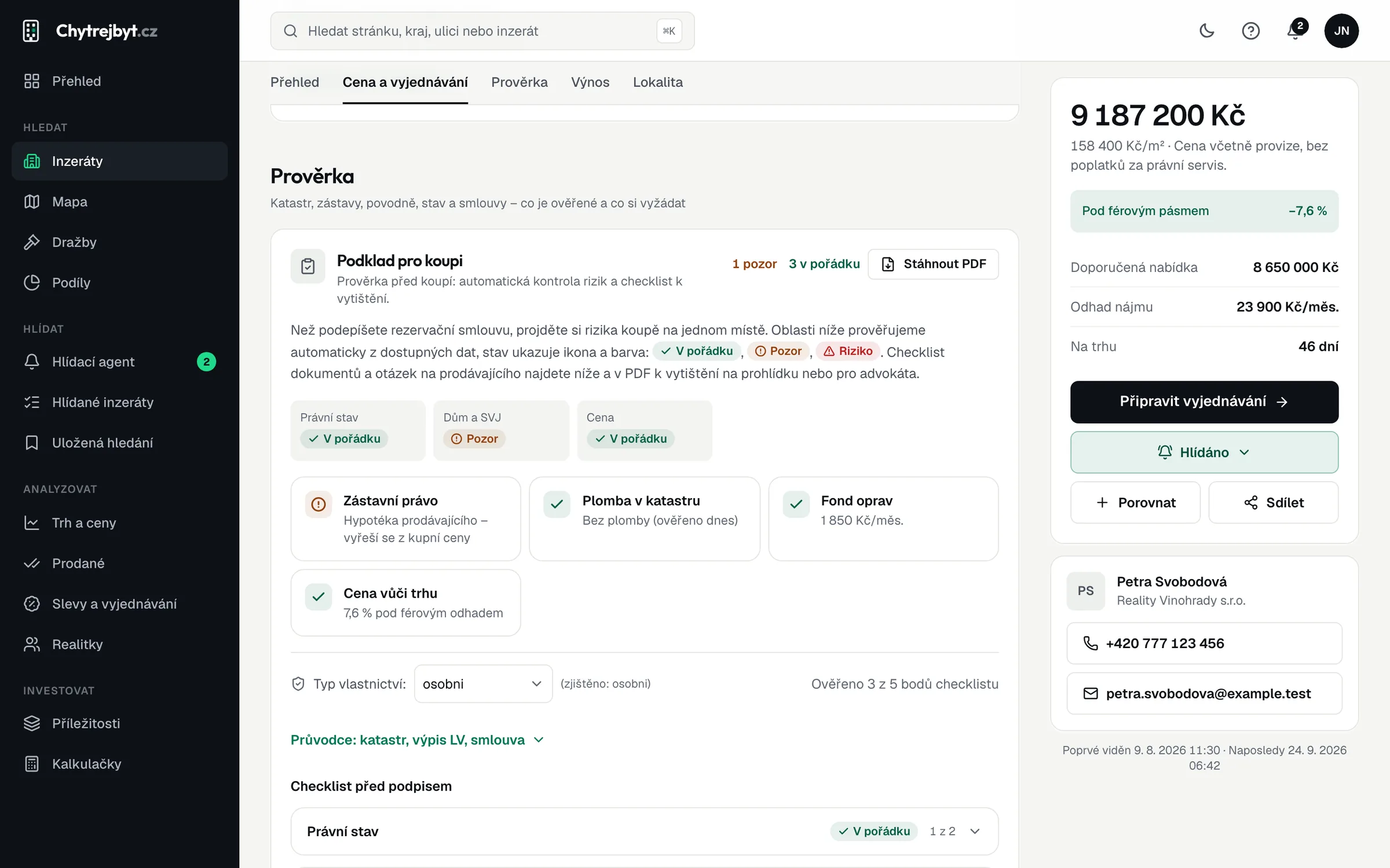 Podklad pro koupi: semafor oblastí právní stav, dům a SVJ, cena a checklist před podpisem