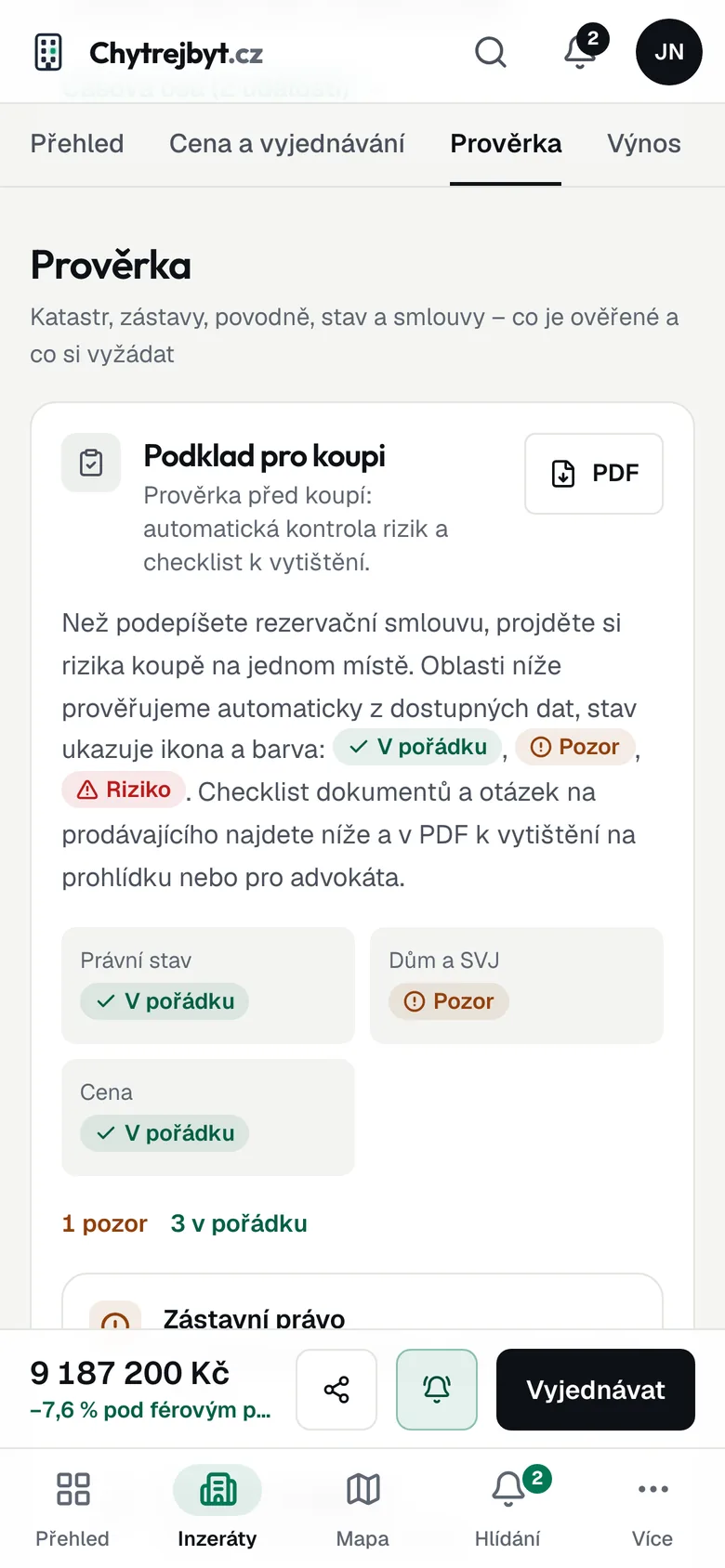 Podklad pro koupi na mobilu: semafor oblastí a počet bodů v pořádku a k prověření